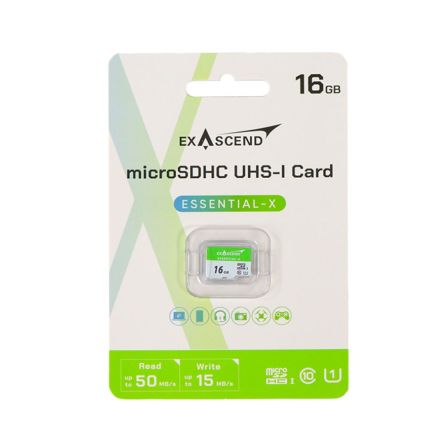 Exascend 16 GB MicroSDHC Micro SD Card, Class 10, UHS-1 (U1) [ES016GTFC1MP]; 630-130
