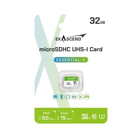 Exascend 32 GB MicroSDHC Micro SD Card, Class 10, UHS-1 (U1) [ES032GTFC1MP]; 630-131