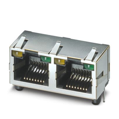 Phoenix Contact Female RJ45 Connector, PCB Mount, Through Hole Straight 2 Port 8 -Way [1149854]; 638-209