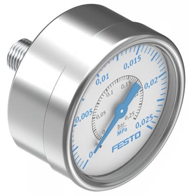 Festo G 1/4 Analogue Pressure Gauge 0.25bar Inline 63mm Outside Diameter [PAGN-63-0.025M-G14-1.6]; 651-050