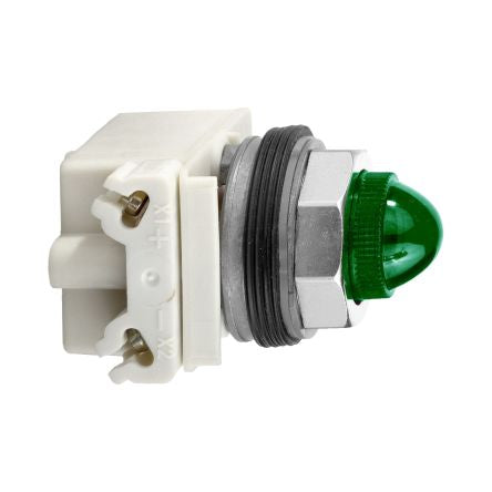 Schneider Electric, 9001K, Panel Mount Green Incandescent Pilot Light, 30mm Cutout, IP66, Round, 28V [9001KP35G9]; 653-854