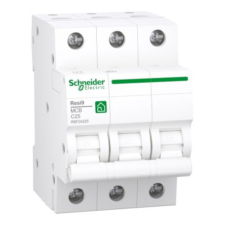 Schneider Electric Resi9 MCB, 3P, 25A Curve C, 400V AC, 6000 A Breaking Capacity [R9F24325]; 654-659