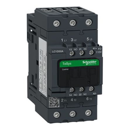 Schneider Electric TeSys Deca LC1D Contactor, 110 V ac Coil, 3-Pole, 50 A, 22 kW, 3NO, 690 V ac [LC1D50AFD]; 654-705