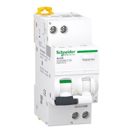 Schneider Electric RCBO, 16A Current Rating, 1P+N Poles, 30mA Trip Sensitivity, Type C, Acti9 Range [A9DF3616]; 654-735