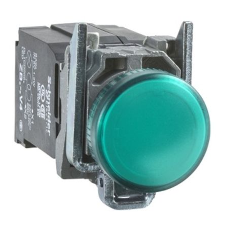 Schneider Electric, XB4, Panel Mount Green Universal LED Pilot Light, 22.5mm Cutout, IP66, IP67, IP69K, Round, 4400 [XB4BV8B3]; 654-780