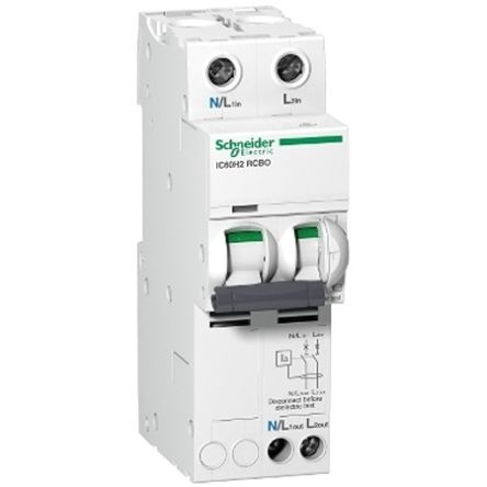 Schneider Electric RCBO, 20A Current Rating, 2P Poles, 30mA Trip Sensitivity, Type C, Acti9 Range [A9D19220]; 654-789