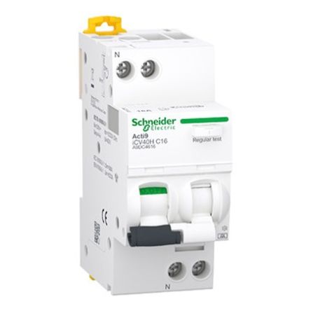 Schneider Electric RCBO, 16A Current Rating, 1P+N Poles, 30mA Trip Sensitivity, Type C, Acti9 Range [A9DC4616]; 654-791