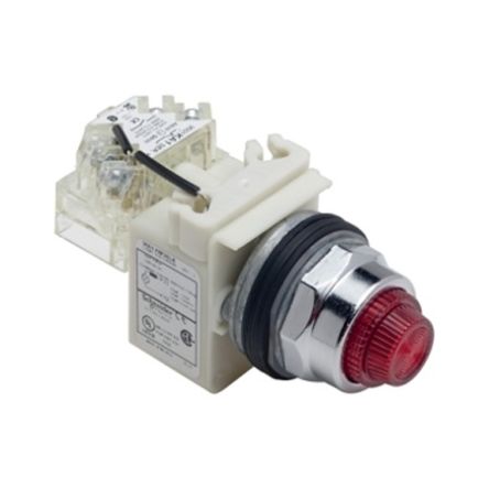Schneider Electric, 9001K, Panel Mount Red LED Pilot Light, 30mm Cutout, IP66, Round, 120V ac/dc [9001KT38LRR31]; 654-834