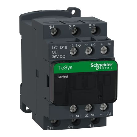 Schneider Electric TeSys LC1D Contactor, 36 V dc Coil, 3-Pole, 18 A, 9 kW, 3 NO, 440 V [LC1D18CD]; 655-018