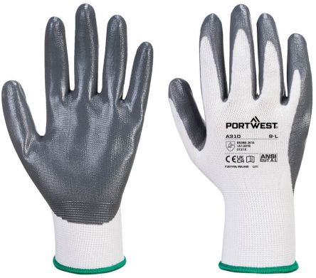 Portwest A310 Grey, White Polyester Abrasion Resistant, Chemical Resistant, Extra Grip, Tear Resistant, Waterproof Work [A310GRWXS]; 664-459