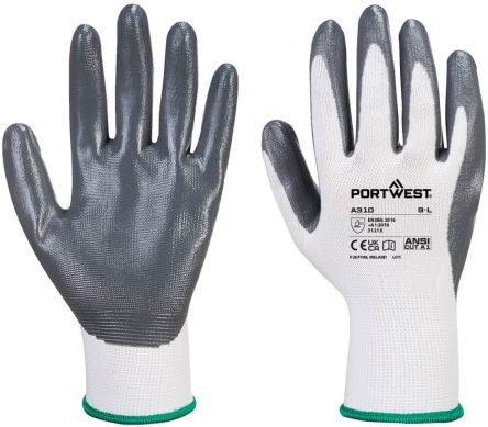 Portwest A310 Grey, White Polyester Abrasion Resistant, Chemical Resistant, Extra Grip, Tear Resistant, Waterproof Work [A310GRWM]; 664-460