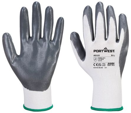 Portwest A310 Grey, White Polyester Abrasion Resistant, Chemical Resistant, Extra Grip, Tear Resistant, Waterproof Work [A310GRWL]; 664-469