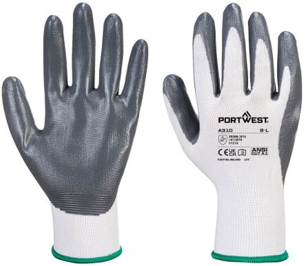 Portwest A310 Grey, White Polyester Abrasion Resistant, Chemical Resistant, Extra Grip, Tear Resistant, Waterproof Work [A310GRWS]; 664-485