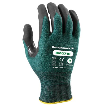 Skytec BMG718 Black, Green HPPE Cut Resistant Work Gloves, Size Medium, Foam Nitrile Coating [BMG00718EF]; 670-871