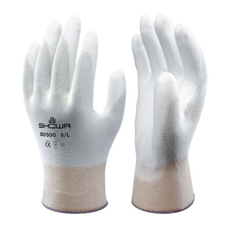 Showa BO500 White White Nylon Extra Grip, Good Dexterity Work Gloves, Size Large, Polyurethane Coating [SHOB5003]; 670-967