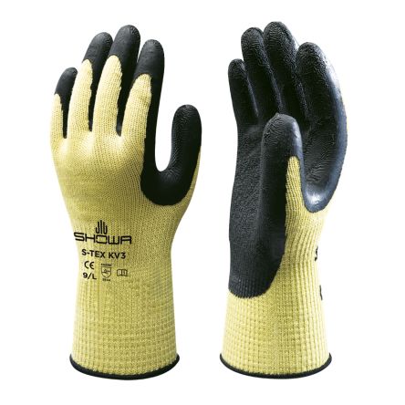 Showa S-TEX KV3 Black, Yellow 10 Gauge Hagane Coil Abrasion Resistant, Cut Resistant Work Gloves, Size Small, Latex [SHO3901]; 671-018