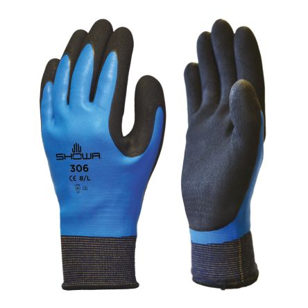 Showa 306 Black, Blue Nylon, Polyester Abrasion Resistant, General Purpose, Waterproof Work Gloves, Size XXL, Latex [SHO306B5]; 671-198