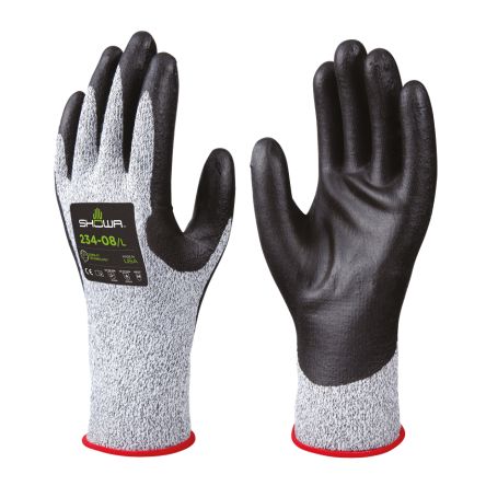 Showa 234 Black, Grey HPPE, Spandex Cut Resistant, Dry Environment, Good Dexterity Work Gloves, Size Large, Nitrile [SHO23403]; 671-261