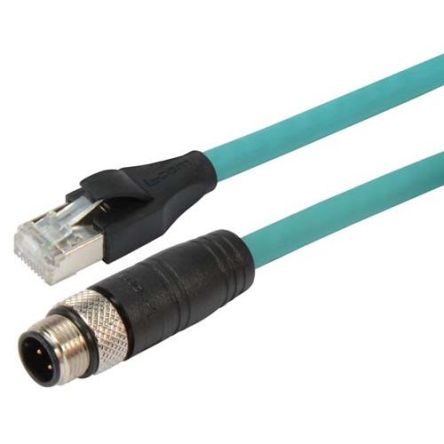L-ComTRG, 3m Cat5e, Green M12 to Male RJ45 Male, Copper Braid Shielded, Terminated PVC Sheath [TRG504-T4T-3M]; 671-733