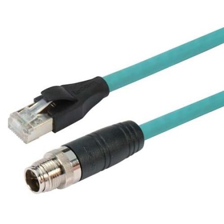 L-ComTRG, 1m Cat6a, Green M12 to Male RJ45 Male, Copper Braid Shielded, Terminated PVC Sheath [TRG610-T6T-1M]; 671-735