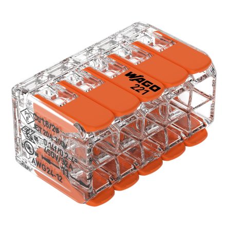 WAGO 221 Series Splice Connector, 10-Way, 32A, 12 → 24 AWG Wire, Cage Clamp Termination [221-420]; 676-018