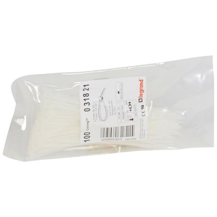 Legrand Cable Tie, Cable Ties, 140mm x 2.4 mm, White Plastic, Pk-100units [031821]; 687-969