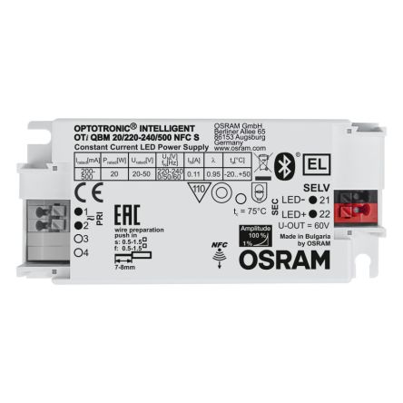 Osram LED Driver, 300V Output, 20W Output, 500mA Output, Constant Current Dimmable [OTi-QBM-20/220-240/500-NFC-S]; 212-2158