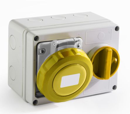 RS PRO IP67 Yellow Wall Mount 2P + E Horizontal Industrial Power Socket, Rated At 16A, 110 V [0]; 214-4256
