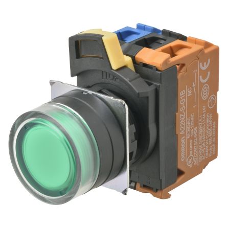 Omron Illuminated Push Button Switch, Momentary, SPST, Green LED, IP66 [A22NL-BGM-TGA-G102-GC]; 214-7003