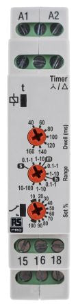 RS PRO DIN Rail, Surface Mount Timer Relay, 24 → 230V ac, 2-Contact, 0.1s to 100h, 1-Function, SPDT [0]; 222-8178