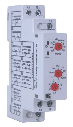 RS PRO DIN Rail Mount Timer Relay, 12 → 240V ac, 1-Contact, 0.1s to 100h, SPDT [0]; 225-7037