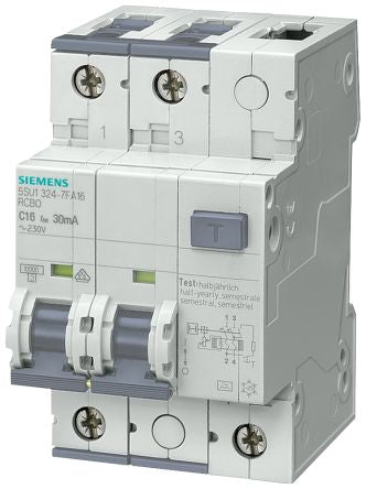 Siemens RCBO, 10A Current Rating, 2P Poles, 30mA Trip Sensitivity, Sentron Range [5SU1324-6FA10]; 225-8737