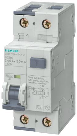 Siemens RCBO, 20A Current Rating, 2P Poles, 30mA Trip Sensitivity, Sentron Range [5SU1354-7LB20]; 225-8759