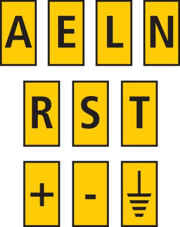 HellermannTyton WIC0 Cable Markers, Yellow, Pre-printed "-, +, A, E, EARTH, L, N, R, S, T", 2 → 2.8mm Cable, [561-00994 WIC0-A,E,L,N,R,S,T,+,-,EARTH-PA66-YE]; 225-9802