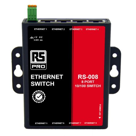 RS PRO Wall Mount Industrial Ethernet Switch, 8 RJ45 Ports, 10/100Mbit/s Transmission, 30V dc [0]; 226-3243