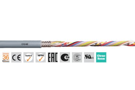 Igus chainflex CF240 Data Cable, 14 Cores, 0.14 mm², Screened, 100m, Grey PVC Sheath, 26 AWG [CF240.01.14 (100m)]; 228-8804