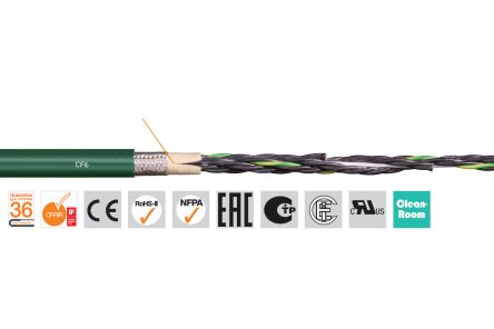 Igus chainflex CF6 Control Cable, 4 Cores, 1.5 mm², Screened, 100m, Green PVC Sheath, 15 AWG [CF6.15.04 (100m)]; 228-8818
