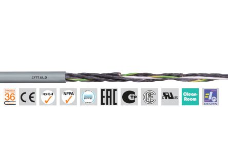 Igus chainflex CF77.UL.D Control Cable, 7 Cores, 1.5 mm², Unscreened, 100m, Grey PUR Sheath, 15 AWG [CF77.UL.15.07.D (100m)]; 228-8823