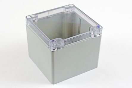 Hammond 1554 Series Polycarbonate Enclosure, IP68, Clear Lid, 4.13 x 4.13 x 3.54in [1554LA2GYCL]; 229-1048