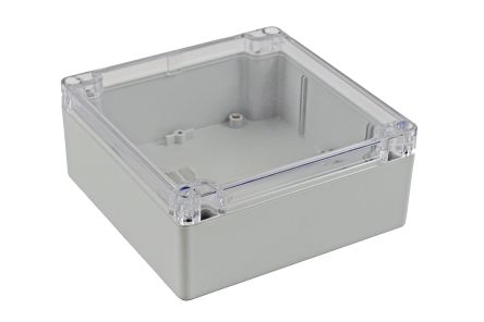 Hammond 1554 Series Grey Polycarbonate Enclosure, IP68, Clear Lid, 5.51 x 5.51 x 2.36in [1554Q2GYCL]; 229-1076