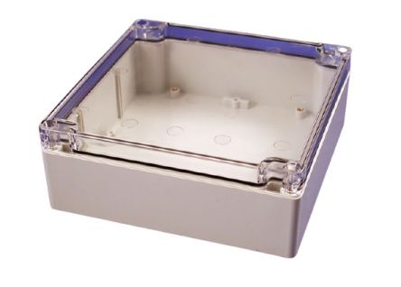 Hammond 1554 Series Polycarbonate Enclosure, IP68, Clear Lid, 6.3 x 6.3 x 2.4in [1554R2GYCL]; 229-1085
