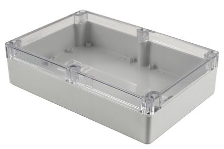 Hammond 1554 Series Light Grey Polycarbonate Enclosure, IP68, Clear Lid, 9.4 x 6.3 x 2.36in [1554VAL2GYCL]; 229-1097
