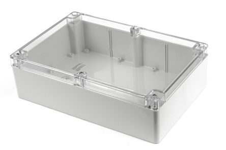 Hammond 1554 Series Light Grey Polycarbonate Enclosure, IP68, Clear Lid, 11.8 x 7.8 x 3.54in [1554X2GYCL]; 229-1110