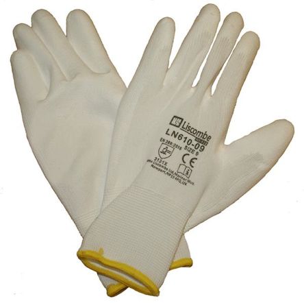 Liscombe White Polyamide Work Gloves, Size 6, Polyurethane Coating [LN610-06]; 230-0570