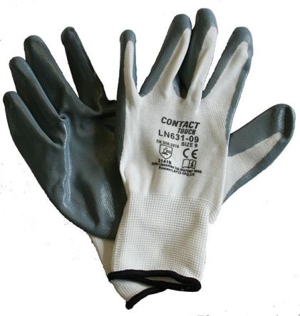 Liscombe Contact Touch White Nylon Work Gloves, Size 7, Nitrile Coating [LN631-07]; 230-0595