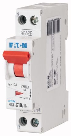 Eaton MCB, 1+N, 10A Curve C, 230V AC, 4.5 kA Breaking Capacity [264744 PLG4-C10/1N]; 230-1075