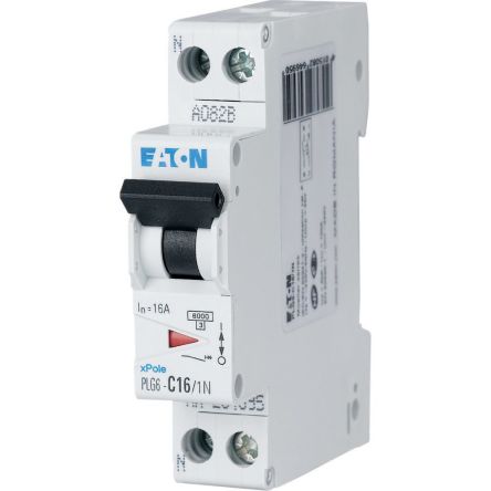 Eaton xPole MCB, 1+N, 16A Curve C, 230V AC, 6 kA Breaking Capacity [264695 PLG6-C16/1N]; 230-1094