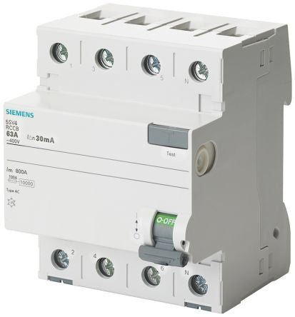 Siemens 5SV4346 RCCB, 63A, 4 Pole, 30mA, Type AC, 400V ac [5SV4346-0]; 231-8393