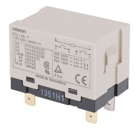 Omron Panel Mount Non-Latching Relay, 24V dc Coil, 25A Switching Current, DPST [G7L-2A-T DC24]; 233-4195