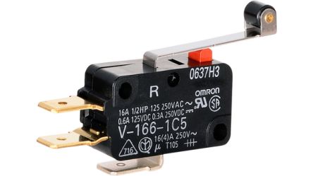Omron Hinge Roller Lever Microswitch, Quick Connect Terminal, 16 A, SPDT, IP40 [V-166-1C5]; 233-4206